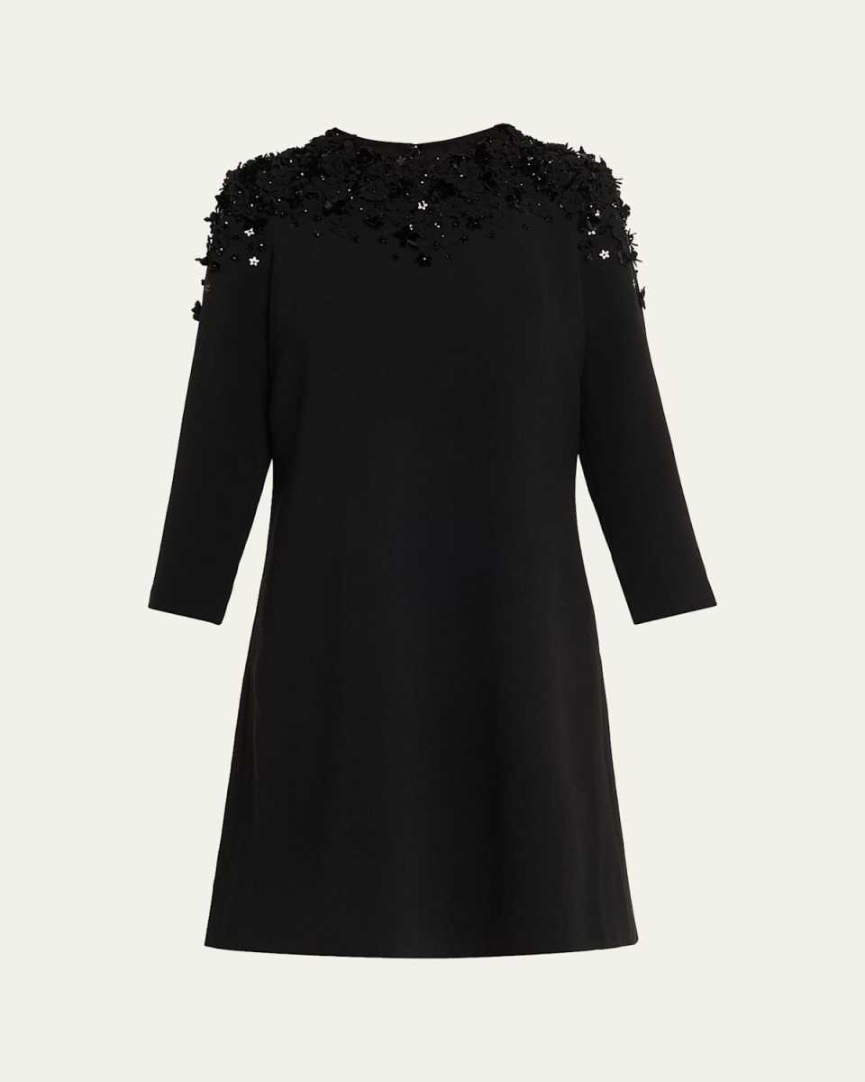 A-Line Floral Applique Crepe Dress